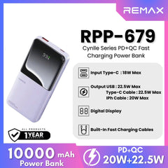 REMAX RPP-679 Cynlle Series 10000mAh PD+QC Fats Charging Power Bank(PD 20W+QC 22.5W) - Purple