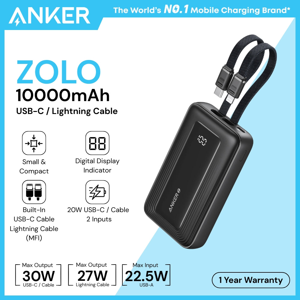 ANKER - ZOLO 10000mAh Built-In USB-C & Lighting Cable Power Bank ( 30W ) - Black