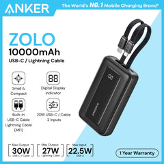 ANKER - ZOLO 10000mAh Built-In USB-C & Lighting Cable Power Bank ( 30W ) - Black