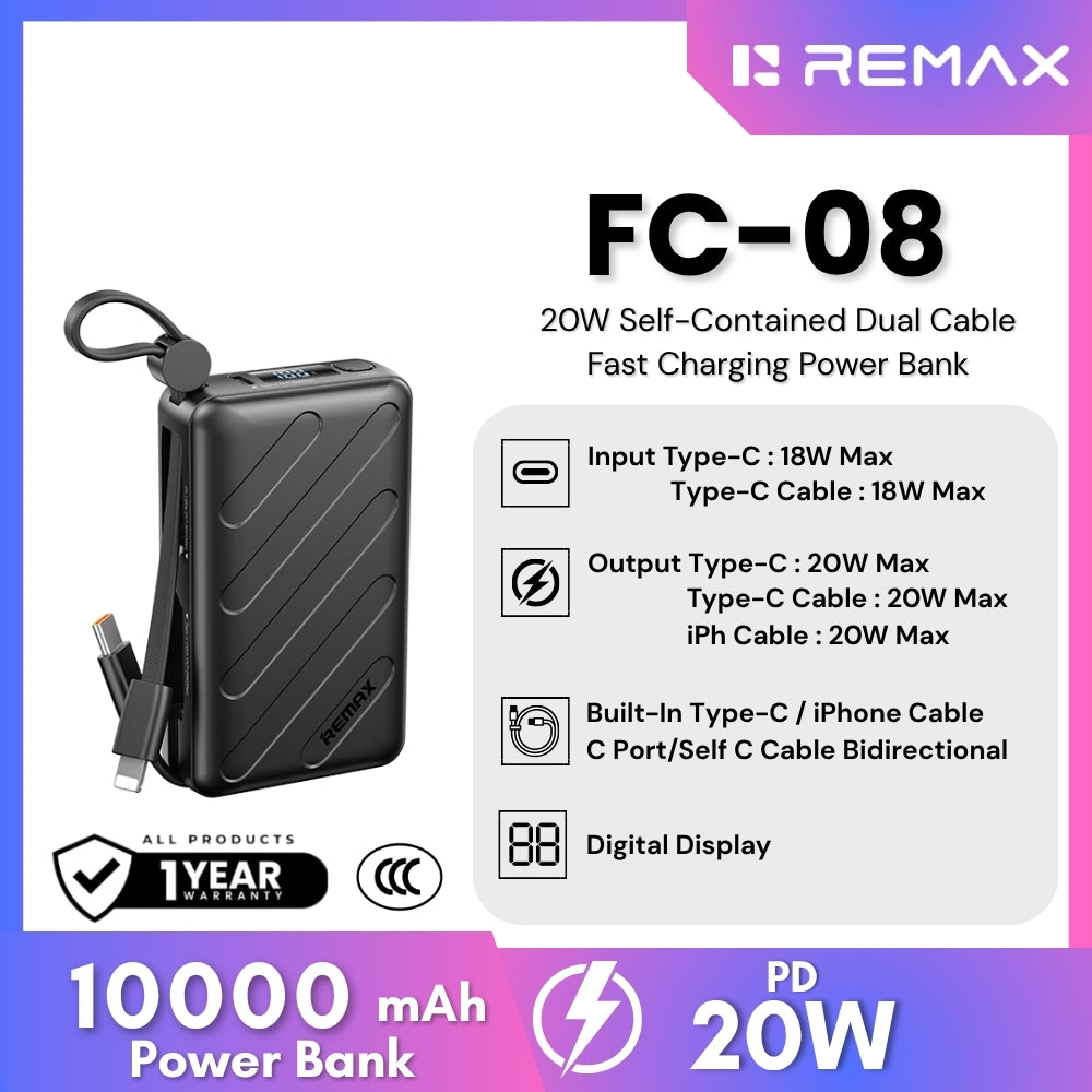 REMAX - FC-08 10000mAh Self-contained dual fast charging cable  Power bank ( PD20W) - Black