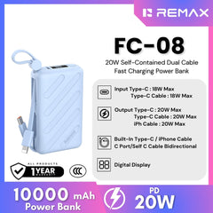 REMAX - FC-08 10000mAh Self-contained dual fast charging cable  Power bank ( PD20W) - Blue