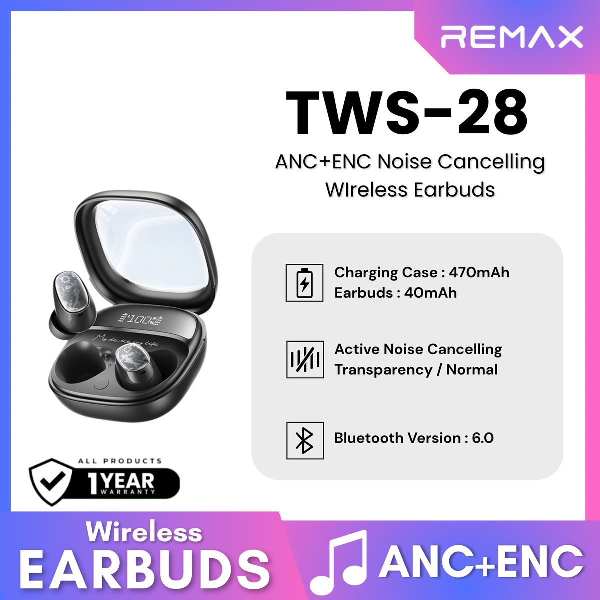 REMAX - TWS-28 True Wireless Stereo Earbuds with ANC+ENC Earbuds - Black