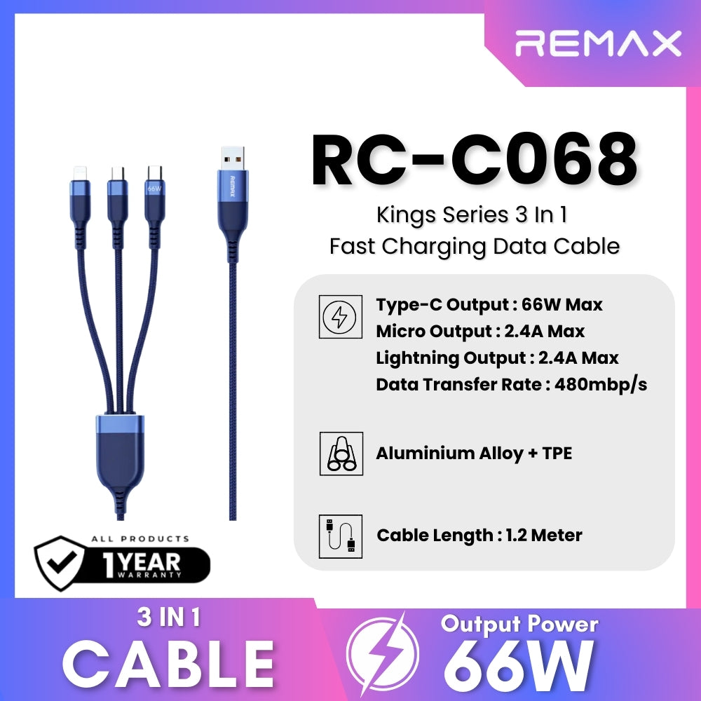 REMAX - RC-C068 Kings Series 3 In 1 Fast Charging Data Cable ( 66W ) - Blue