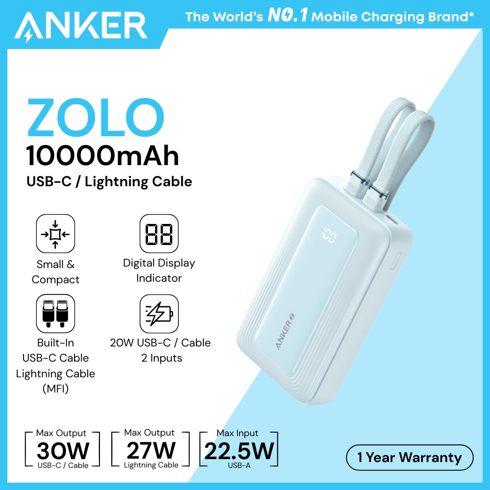 ANKER - ZOLO 10000mAh Built-In USB-C & Lighting Cable Power Bank ( 30W ) - Blue