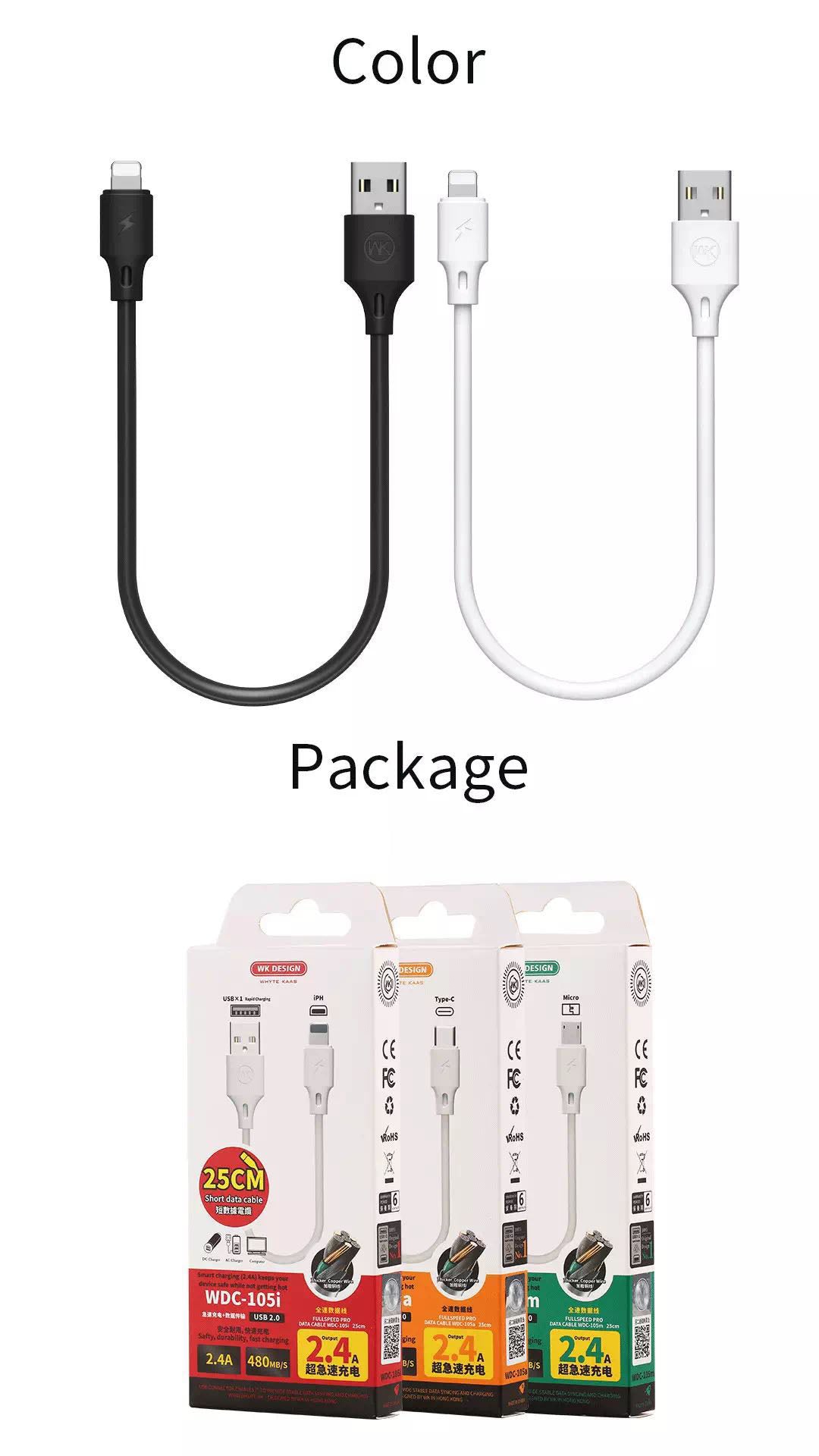 WK WDC-105M FULL SPEED PRO DATA CABLE FOR MICRO  2.4A (25CM) - White