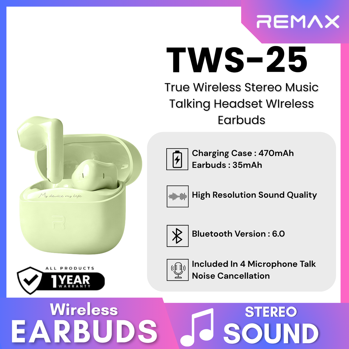 REMAX - TWS-25 True Wireless Stereo Music Talking WIreless Earbuds - Green