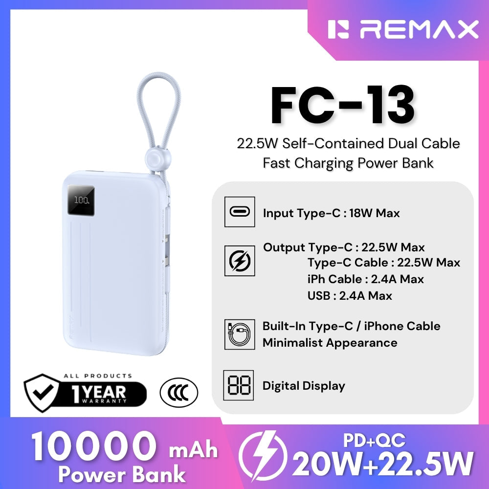 REMAX - FC-13 10000mAh Self-contained dual fast charging cable  Power bank ( PD20W+QC22.5W) - Blue
