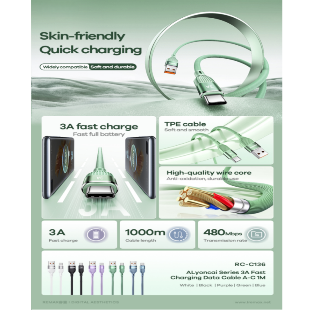REMAX - RC-C136A Lyoncal Series USB to Type-C Fast Charging Data Cable ( 3A ) - Black