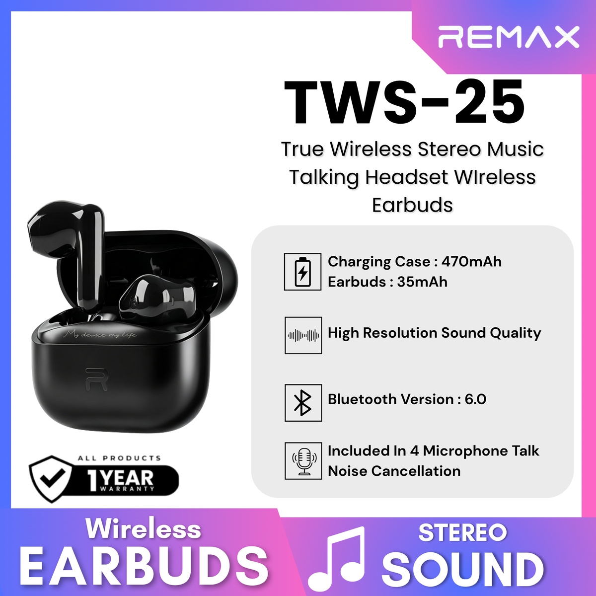 REMAX - TWS-25 True Wireless Stereo Music Talking WIreless Earbuds - Black