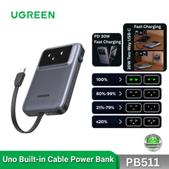 UGREEN - Uno 10000mAh 30W 1C1A Power Bank With 1*30W Built-in Cable - Space Gray