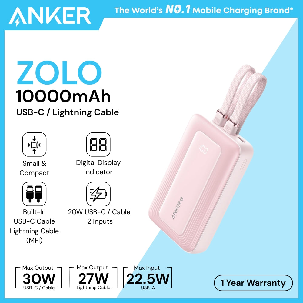 ANKER - ZOLO 10000mAh Built-In USB-C & Lighting Cable Power Bank ( 30W ) - Pink