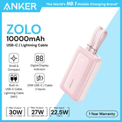 ANKER - ZOLO 10000mAh Built-In USB-C & Lighting Cable Power Bank ( 30W ) - Pink