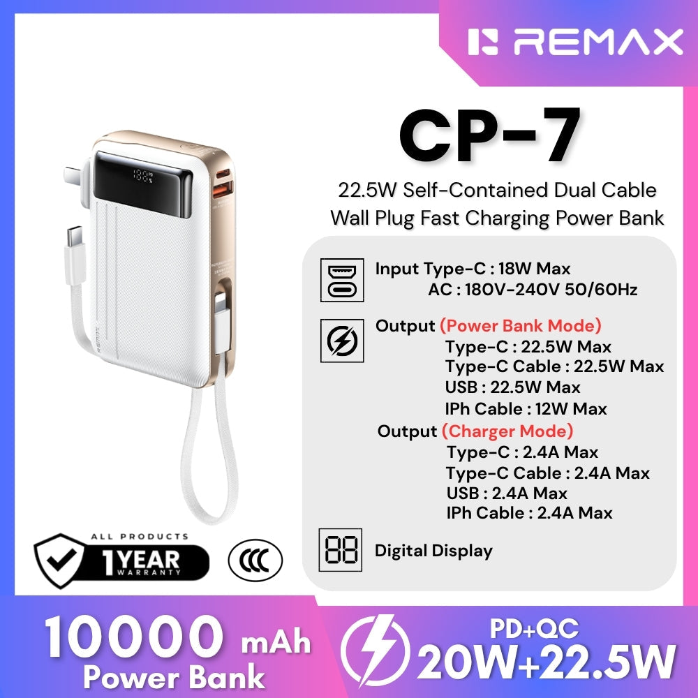 REMAX - CP-7 10000mAh Self-contained Fast Charging Cable Wall Plug Mobile Power(Adapter) ( PD20W+QC22.5W) - White