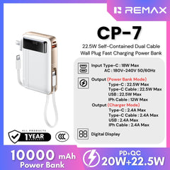 REMAX - CP-7 10000mAh Self-contained Fast Charging Cable Wall Plug Mobile Power(Adapter) ( PD20W+QC22.5W) - White