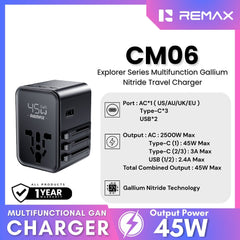 REMAX - CM06 Explorer 45W MultiFunctional Gallium Nitride Travel Charger - Black
