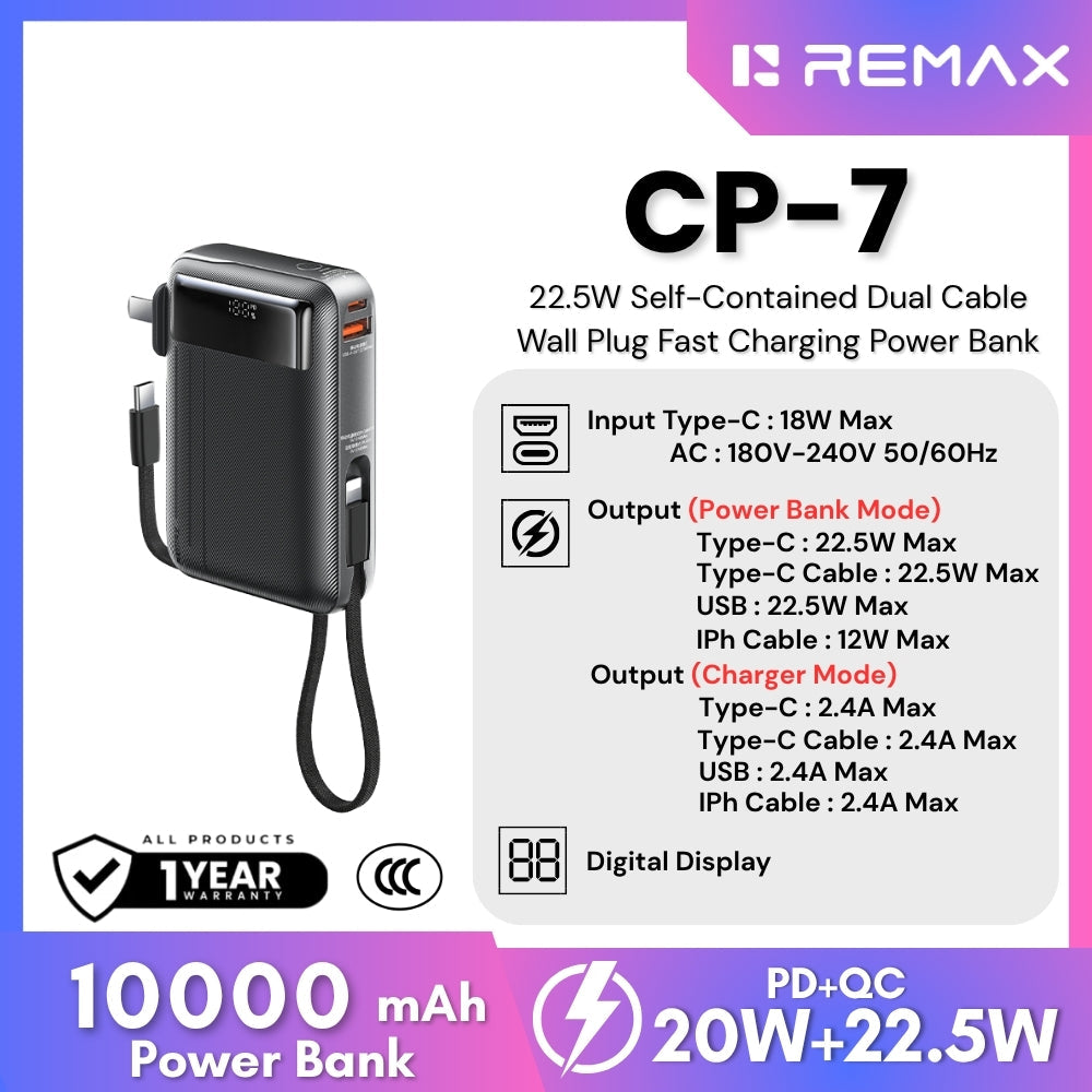 REMAX - CP-7 10000mAh Self-contained Fast Charging Cable Wall Plug Mobile Power(Adapter) ( PD20W+QC22.5W) - Black