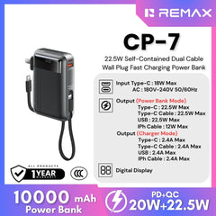 REMAX - CP-7 10000mAh Self-contained Fast Charging Cable Wall Plug Mobile Power(Adapter) ( PD20W+QC22.5W) - Black