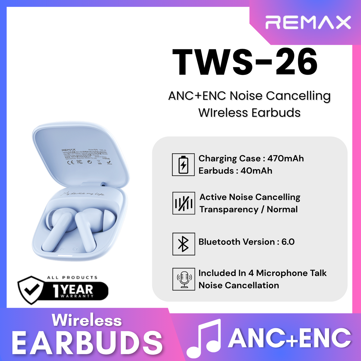 REMAX - TWS-26 ANC+ENC Noise Canceling True Wireless Stereo Music Talking Wireless Earbuds - Purple