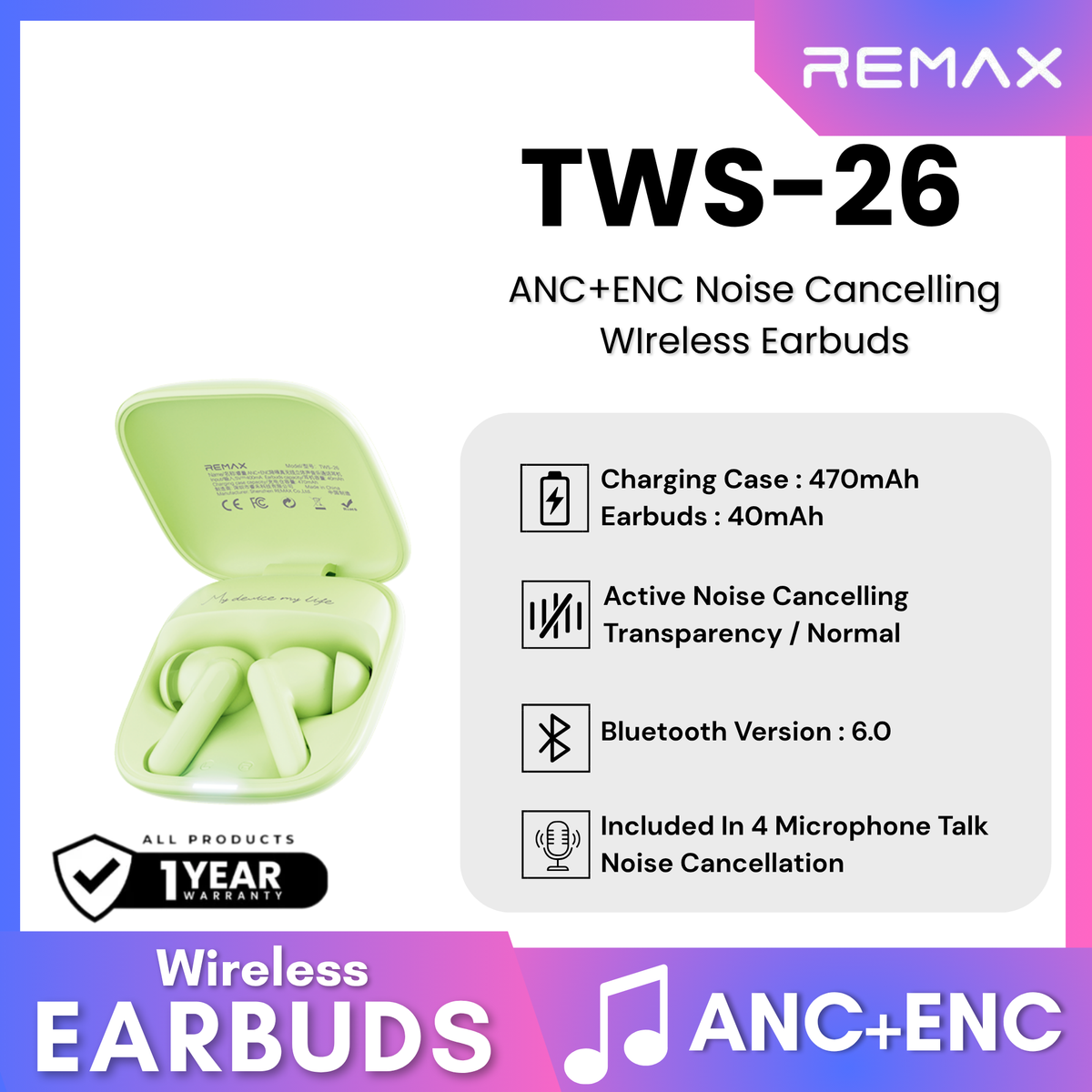 REMAX - TWS-26 ANC+ENC Noise Canceling True Wireless Stereo Music Talking Wireless Earbuds - Green