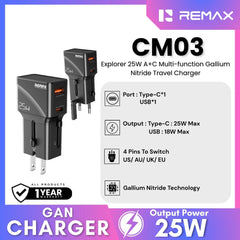 REMAX - CM03 Explorer 25W A+C MultiFunctional Gallium Nitride Travel Charger - Black