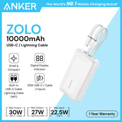 ANKER - ZOLO 10000mAh Built-In USB-C & Lighting Cable Power Bank ( 30W ) - White