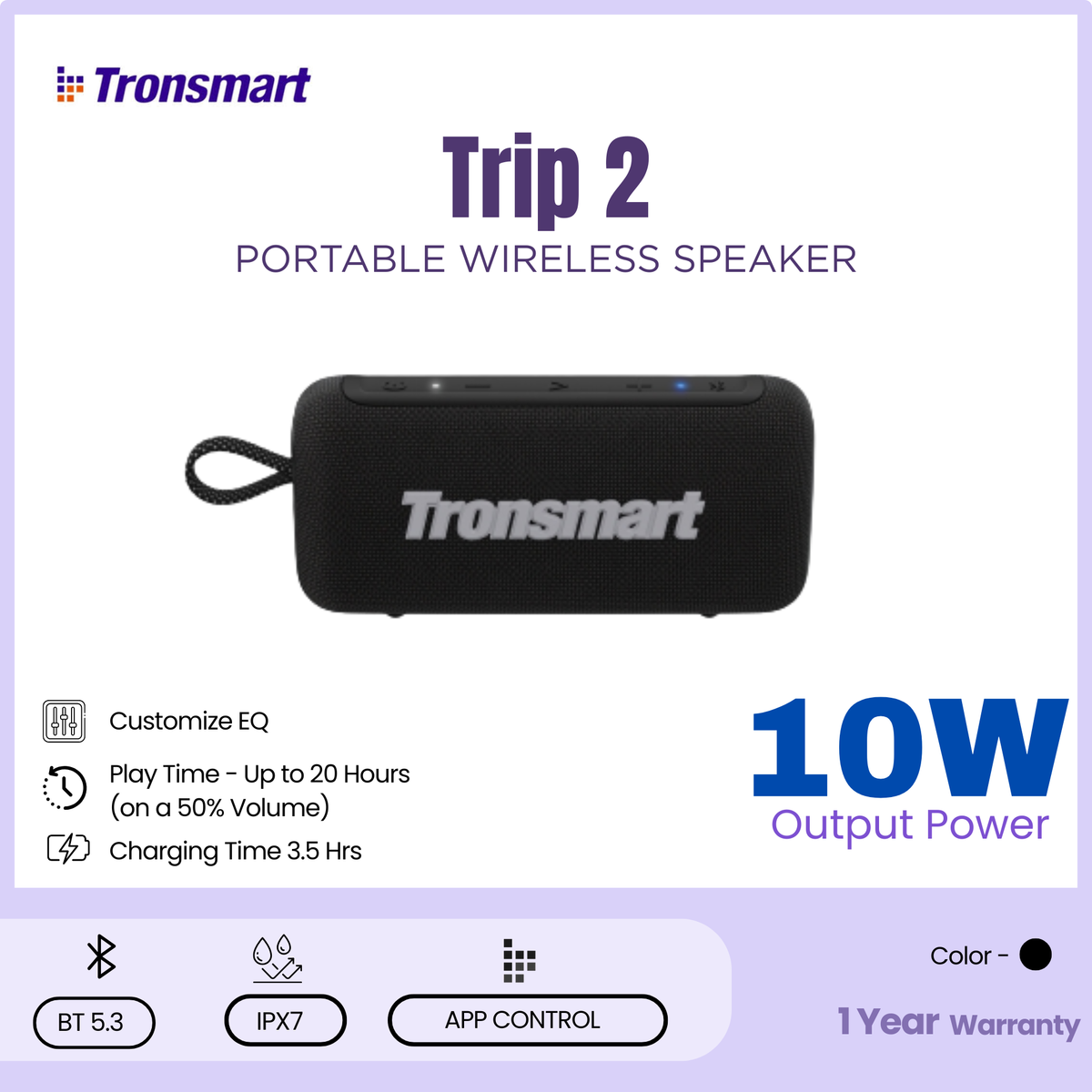 TRONSMART - Trip 2 10W Portable Bluetooth Wireless Outdoor Speaker - Black