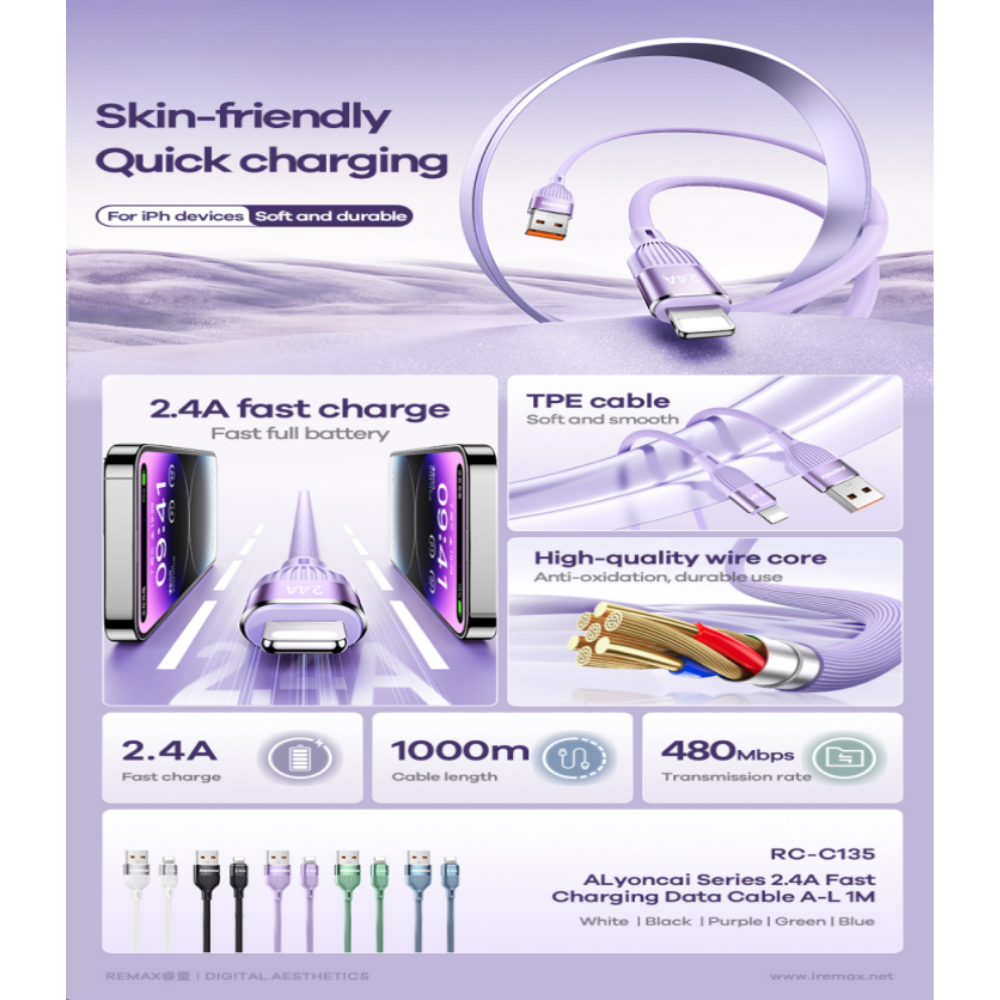REMAX - RC-C135i Lyoncal Series USB to Lightning Fast Charing Data Cable ( 2.4A ) - White