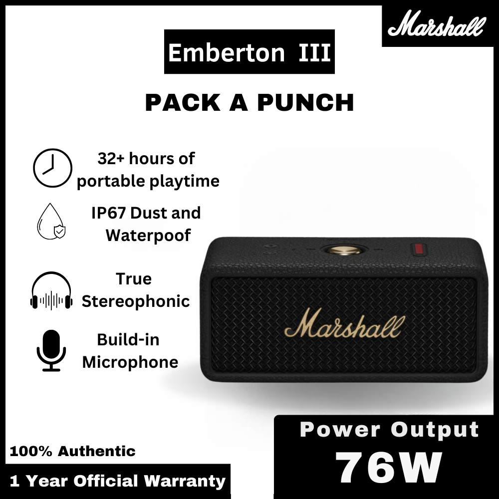 Marshall Emberton 3 Portable Bluetooth Speaker - Black and Brass