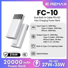 REMAX - FC-10 20000mAh Dual Built-In Cable PD+QC Fast Charging Power Bank - White