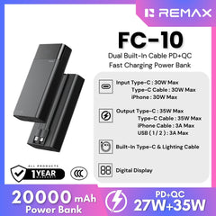 REMAX - FC-10 20000mAh Dual Built-In Cable PD+QC Fast Charging Power Bank - Black