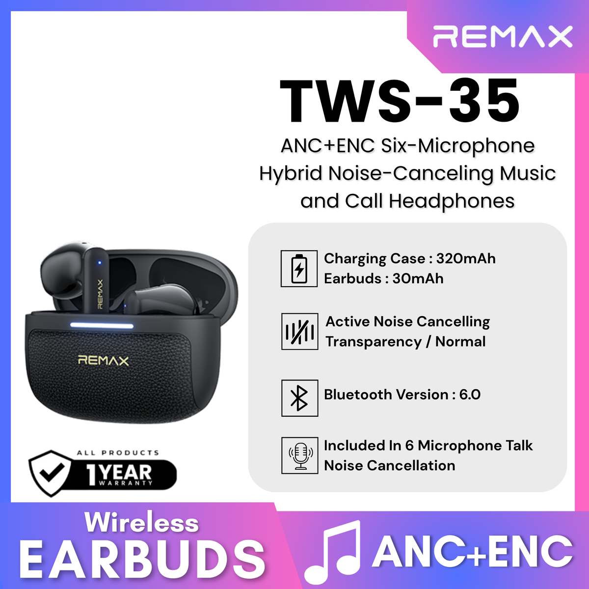 REMAX - TWS-35 ANC+ENC Six-Microphone Hybrid Noise-Canceling Music and Call Wireless Earbuds - Black