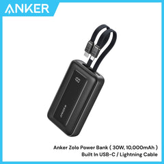 ANKER - ZOLO 10000mAh Built-In USB-C & Lighting Cable Power Bank ( 30W ) - Black