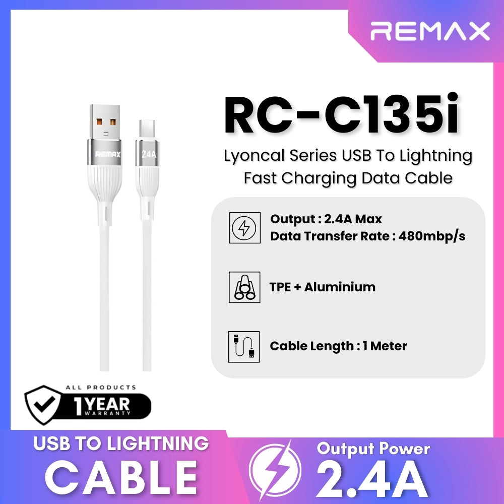 REMAX - RC-C135i Lyoncal Series USB to Lightning Fast Charing Data Cable ( 2.4A ) - White
