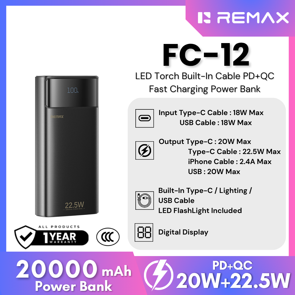 REMAX - FC-12 20000mAh 20W+22.5W Torch Light Built-In-Cable Fast Charging Power Bank - Black