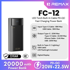 REMAX - FC-12 20000mAh 20W+22.5W Torch Light Built-In-Cable Fast Charging Power Bank - Black