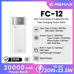 REMAX - FC-12 20000mAh 20W+22.5W Torch Light Built-In-Cable Fast Charging Power Bank - Silver