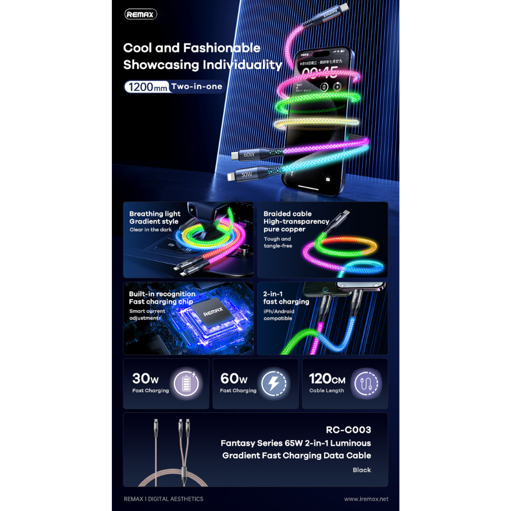 REMAX RC-C003 C C+L Fantasy Series 2 in 1 Luminous Gradient Fast Charging Cable(65W) - White