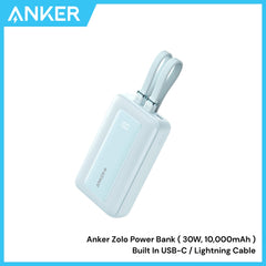 ANKER - ZOLO 10000mAh Built-In USB-C & Lighting Cable Power Bank ( 30W ) - Blue