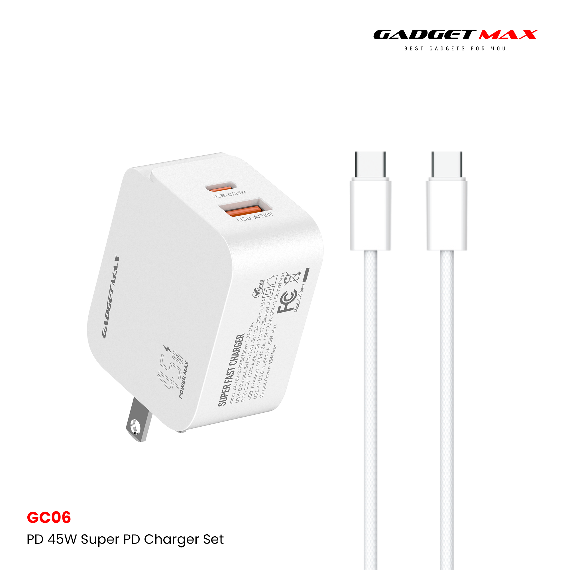 GADGET MAX - GC06 45W Super PD Charger Set With C-C 60W Cable - White