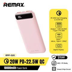 Remax RPP-520 10000mAh BOLE Series PD20W+QC22.5W Fast Charging Power Bank-Pink