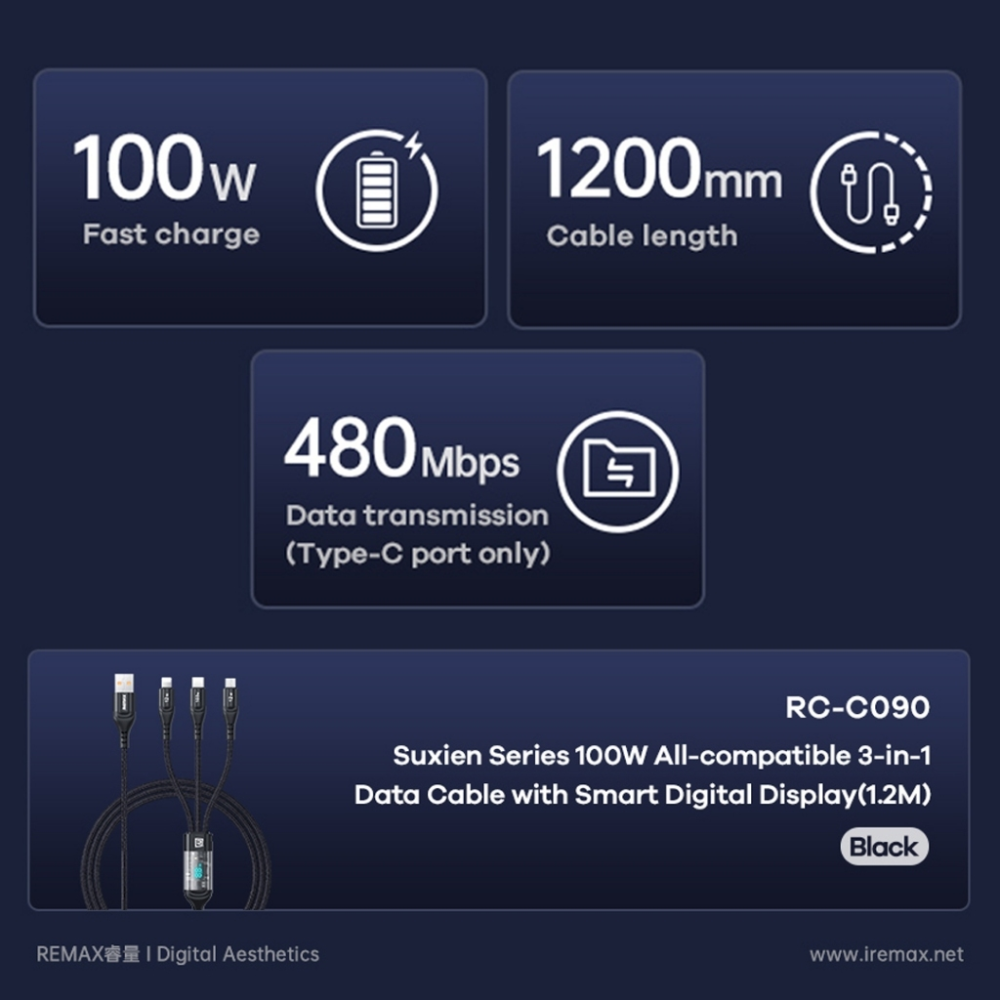 REMAX - RC-C090 Suxien Series 3 In 1 Smart Digital Display Fast Charging Data Cable ( 100W ) - Black