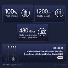 REMAX - RC-C090 Suxien Series 3 In 1 Smart Digital Display Fast Charging Data Cable ( 100W ) - Black