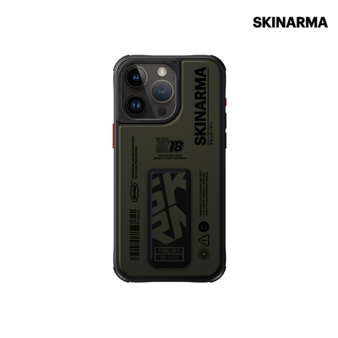 Skinarma iPhone 15 Pro Max Spunk (Mag-Charge + Grip-Stand) Case (Pewter Green)