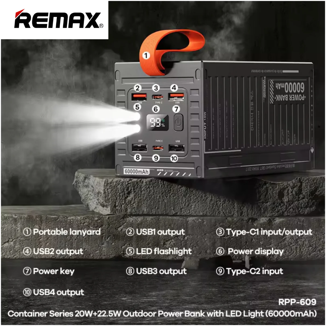 REMAX RPP-609 60000mAh Container Series 20W+22.5W PD+QC Outdoor PowerBank With LED Light - Green