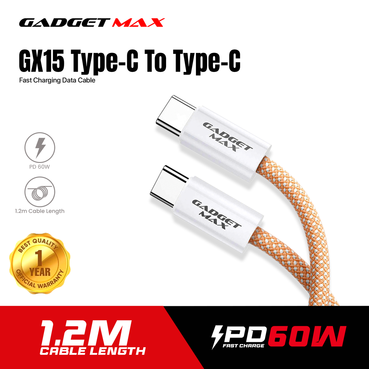 GADGET MAX GX15 FAST CHARGING TYPE-C TO TYPE-C CHARGING DATA CABLE PD(60W) (1.2M) - ROSE GOLD