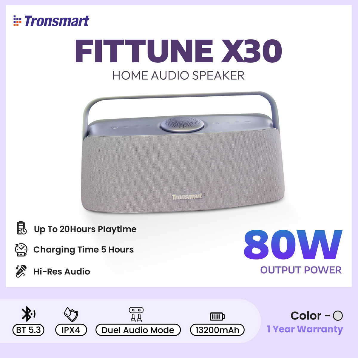 TRONSMART - FITTUNE X30 Ultra Portable Home Bluetooth Speaker (80W) - Grey