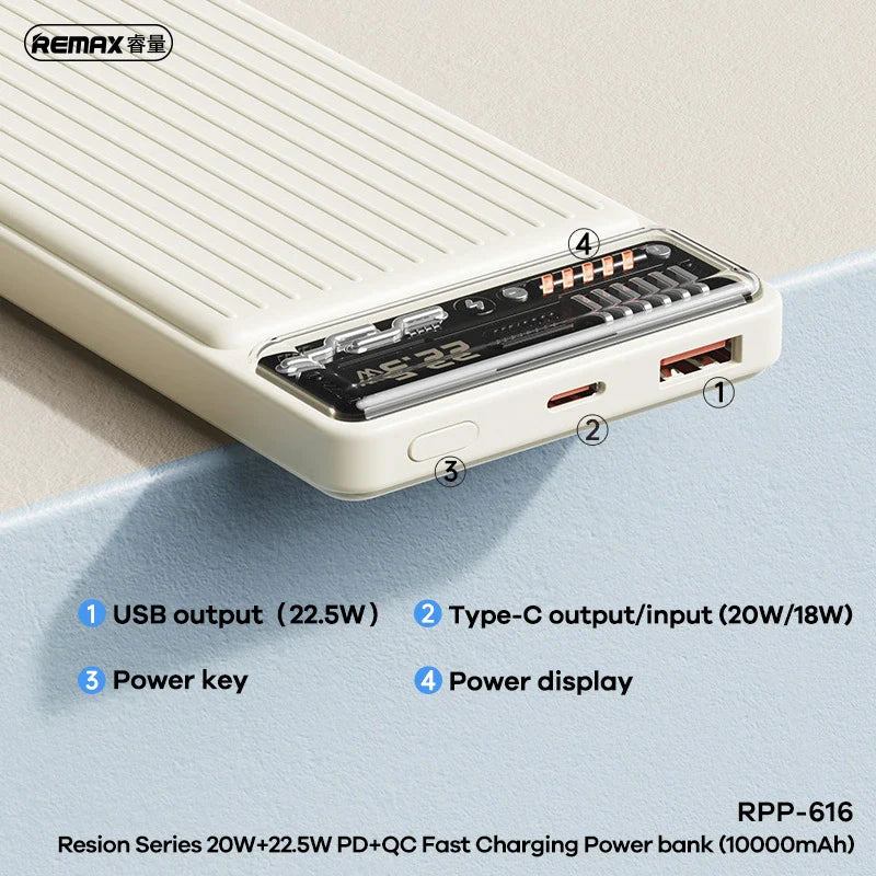 REMAX RPP-616 10000mAh RESION SERIES 20W+22.5W PD+QC FAST CHARGING POWER BANK (INPUT-TYPE-C) (OUTPUT-USB/TYPE-C)-Grey