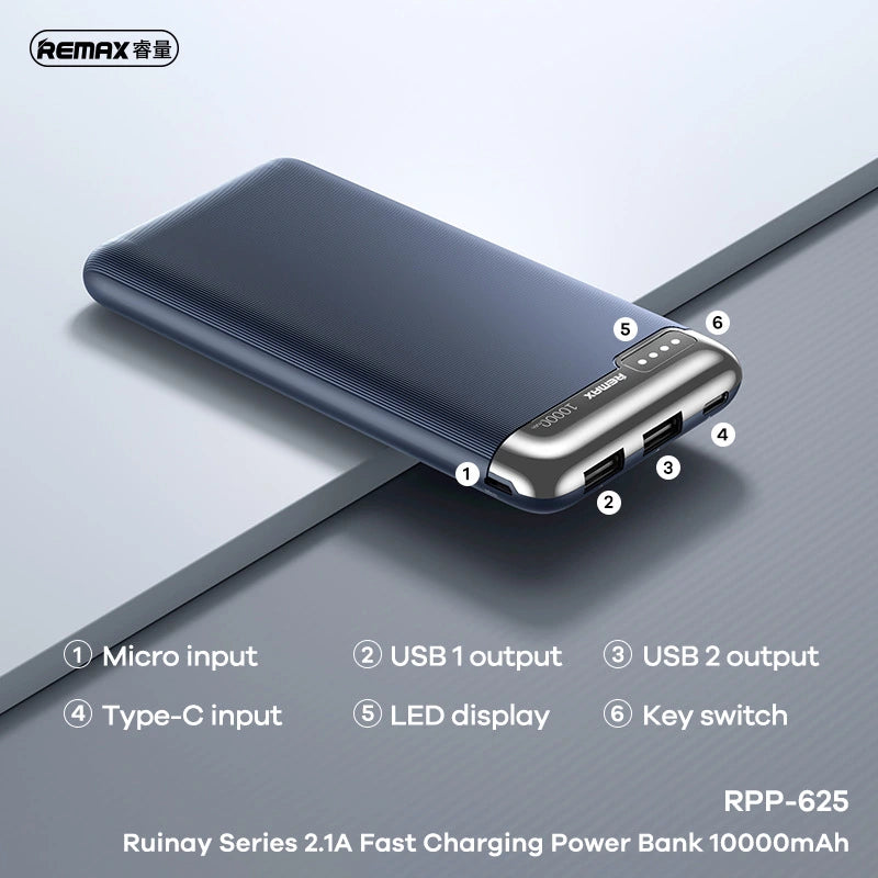 REMAX RPP-625 10000mAh RUINAY SERIES 2.1A FAST CHARGING POWER BANK (INPUT-TYPE-C/MICRO) (OUTPUT-USB 1/2) Power Bank (2.0A)