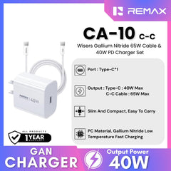 REMAX - CA10 C-C C40W Wisers Gallium Nitride & PD 65W Cable Charger Set - White
