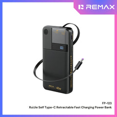 REMAX - FP-123 10000mAh RuiJie 40W Self Type-C Cable Retractable Fast Charging Power Bank -Black